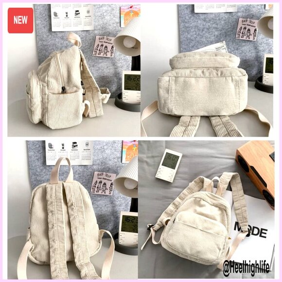 Mini Corduroy Backpack Purse - Small Daypack with Multiple Pockets